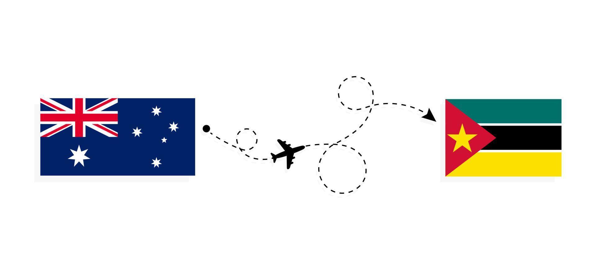 vuelo y viaje desde australia a mozambique en avión de pasajeros concepto de viaje vector