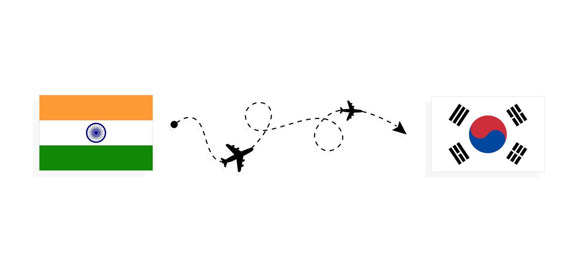 vuelo y viaje desde la india a corea del sur en avión de pasajeros concepto de viaje vector