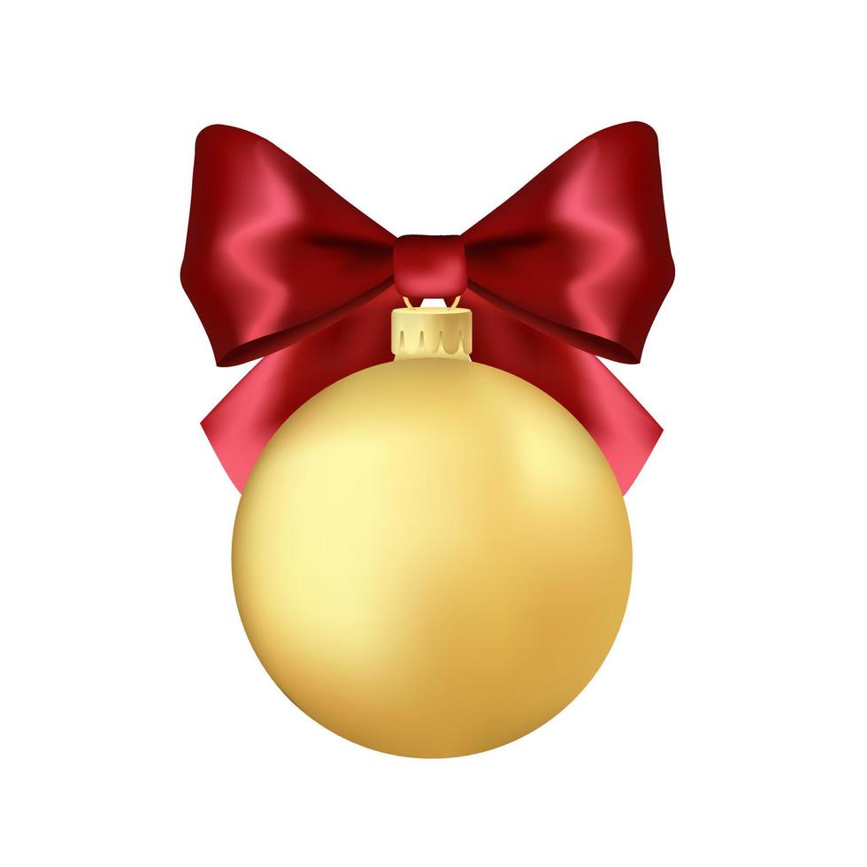 Gold Christmas tree toy with red bow Volumetric and realistic color illustration vector