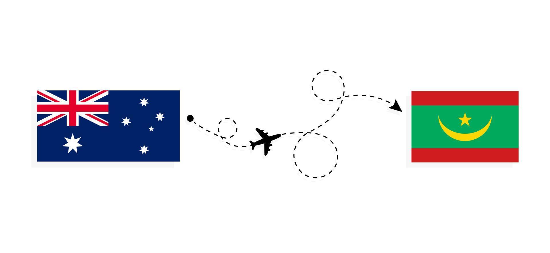 vuelo y viaje desde australia a mauritania en avión de pasajeros concepto de viaje vector