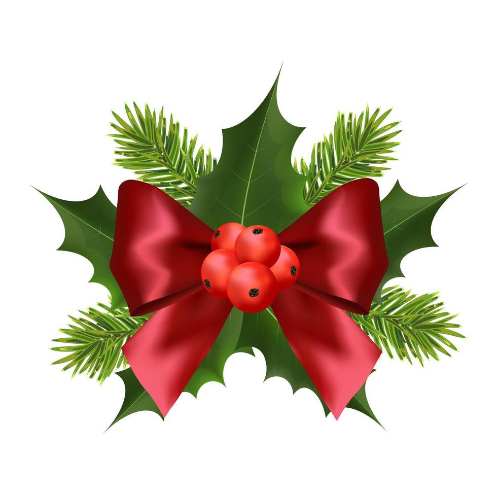 Red bow with holly berries and pine tree branch vector