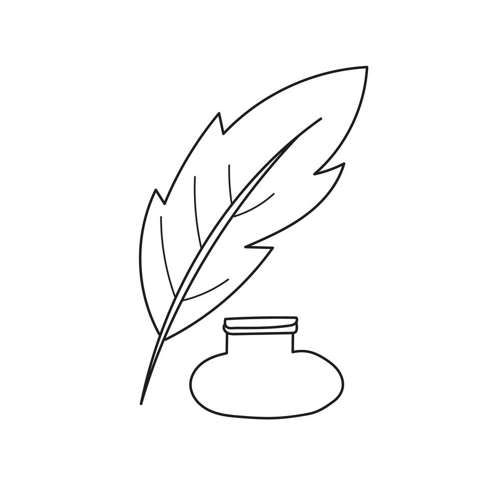 Simple coloring page. Inkpot and feather. Cartoon style vector illustration