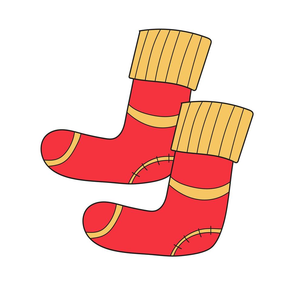 icono de dibujos animados simple. imagen para niños, calcetines cálidos hasta la rodilla. rojo y amarillo vector