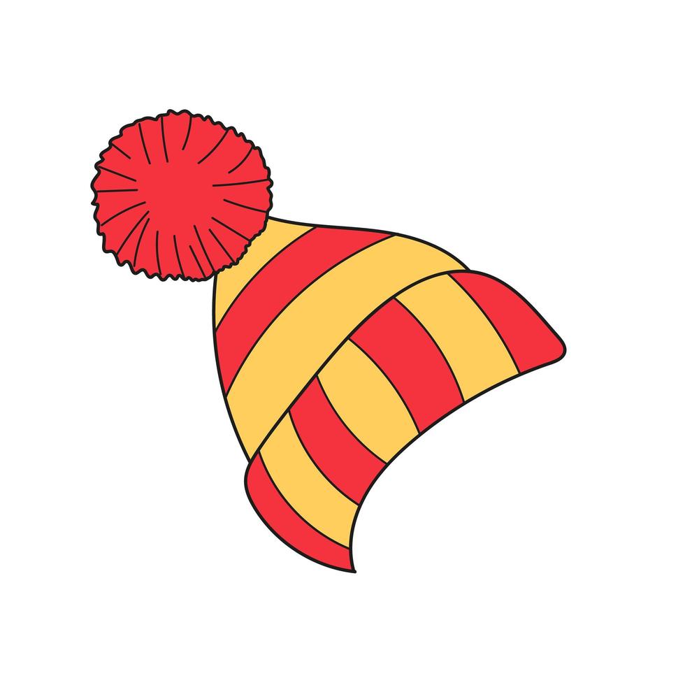 Simple cartoon icon. Knitted red and yellow hat with pom-pom vector icons.