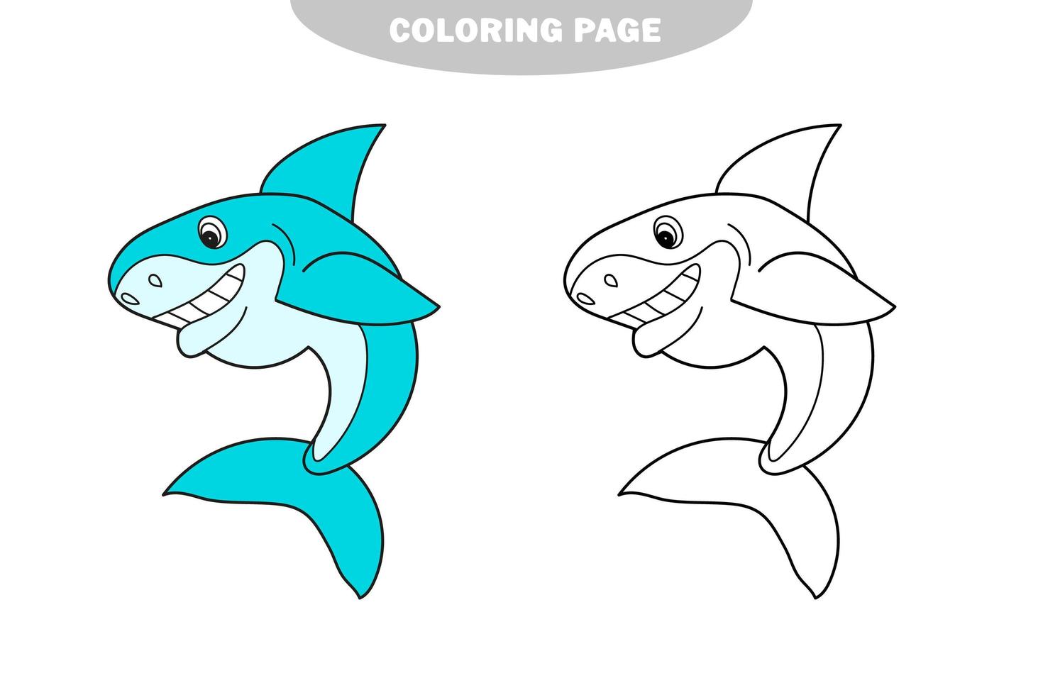 Simple coloring page. Black and White Cartoon Vector Illustration of Shark Fish