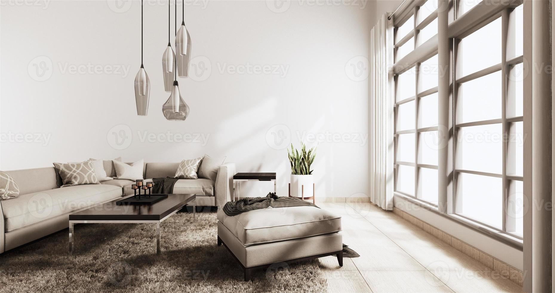 Sala de estar de estilo moderno con pared blanca sobre piso de madera y sillón sofá en alfombra. Representación 3D foto