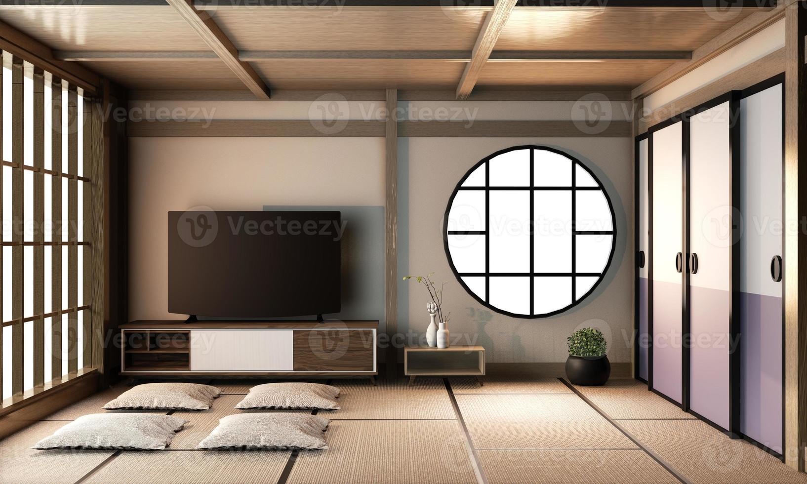 Ryokan living room interior design on tatami mat floor.3D rendering photo