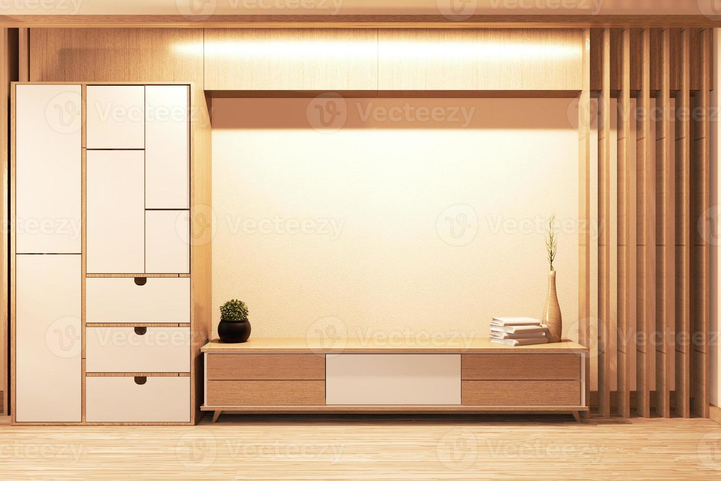 gabinete, diseño de madera, estilo japonés, en, sala de estar, mínimo, pared blanca, fondo., 3d, interpretación foto