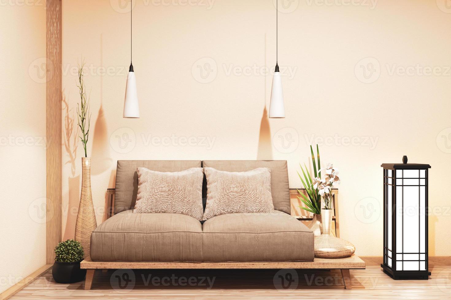 Sofá de diseño japonés de madera, en la habitación, piso de madera japonés y lámpara de decoración y jarrón de plantas. Representación 3D foto