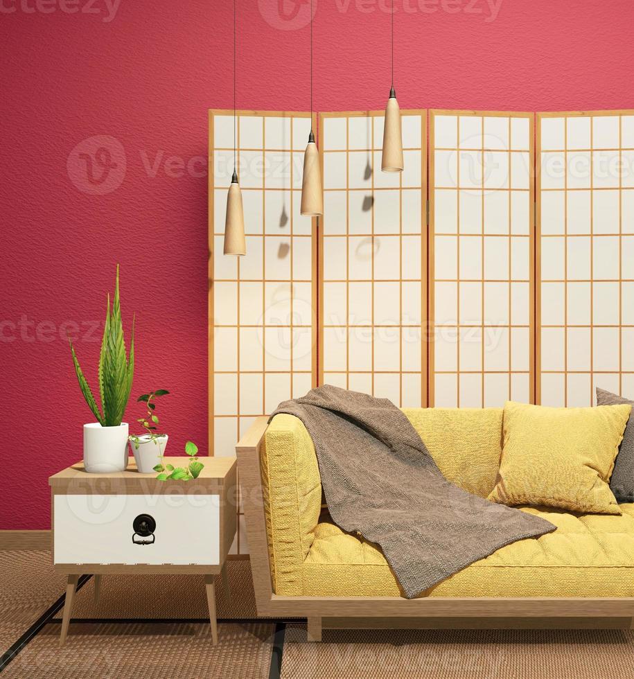 Interior con sofá de terciopelo amarillo sobre fondo de pared roja vacía, representación 3d foto