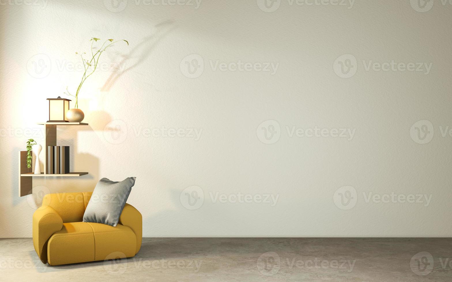 Living room japanese style with wooden table, lamps and armchair on floor concrete. 3d rendering photo