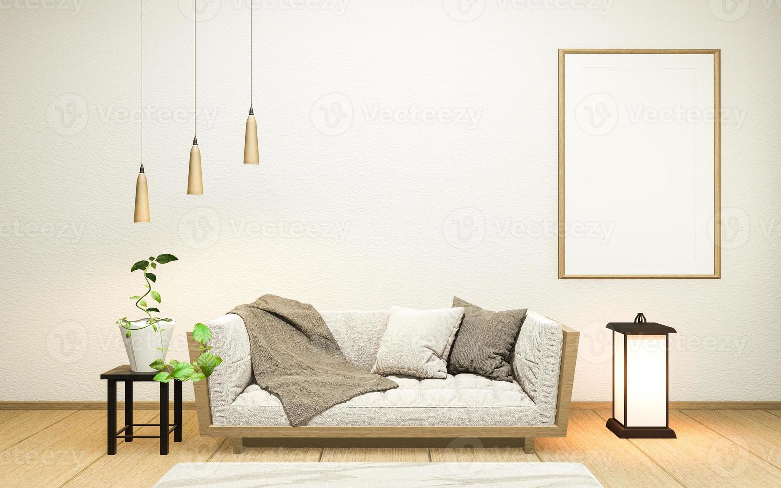 Interior con sofá de terciopelo sobre fondo de pared blanca vacía estilo japonés, representación 3d foto