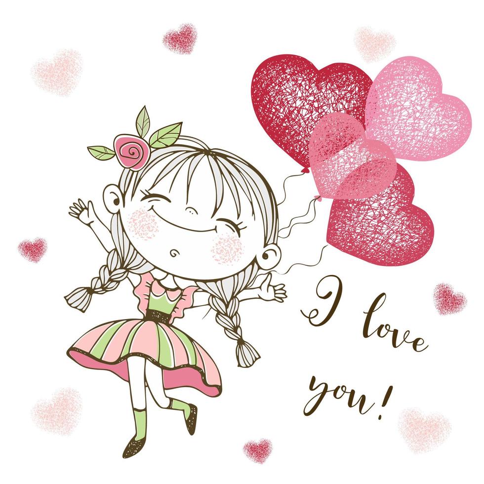 A Valentine's Day card.  Cute girl with balloon hearts.  I love you. Vector. vector