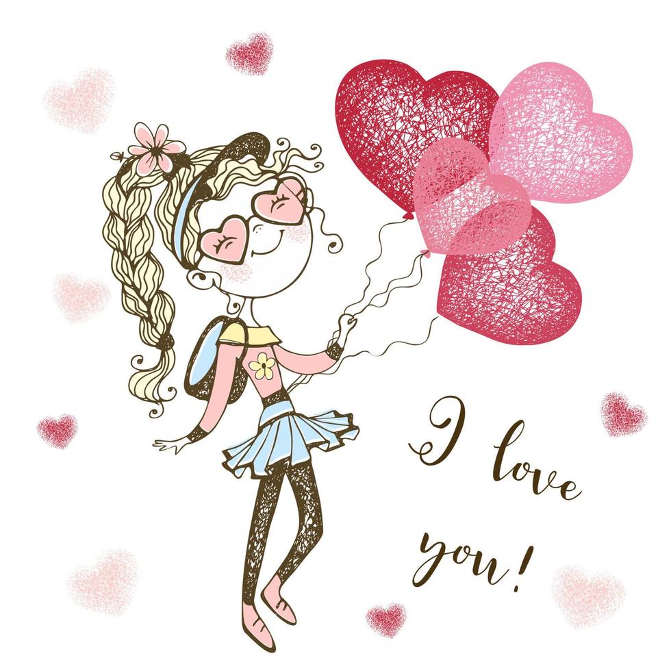 A Valentine's Day card.  Cute girl with balloon hearts.  I love you. Vector. vector