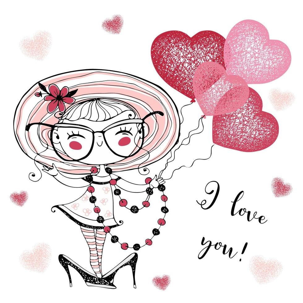 A Valentine's Day card.  Cute girl with balloon hearts.  I love you. Vector. vector