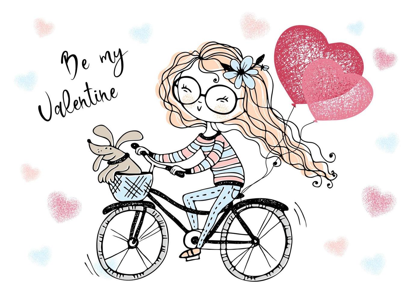 A Valentine's Day card.  Cute girl with balloons rides a bike. Be my Valentine. Vector. vector