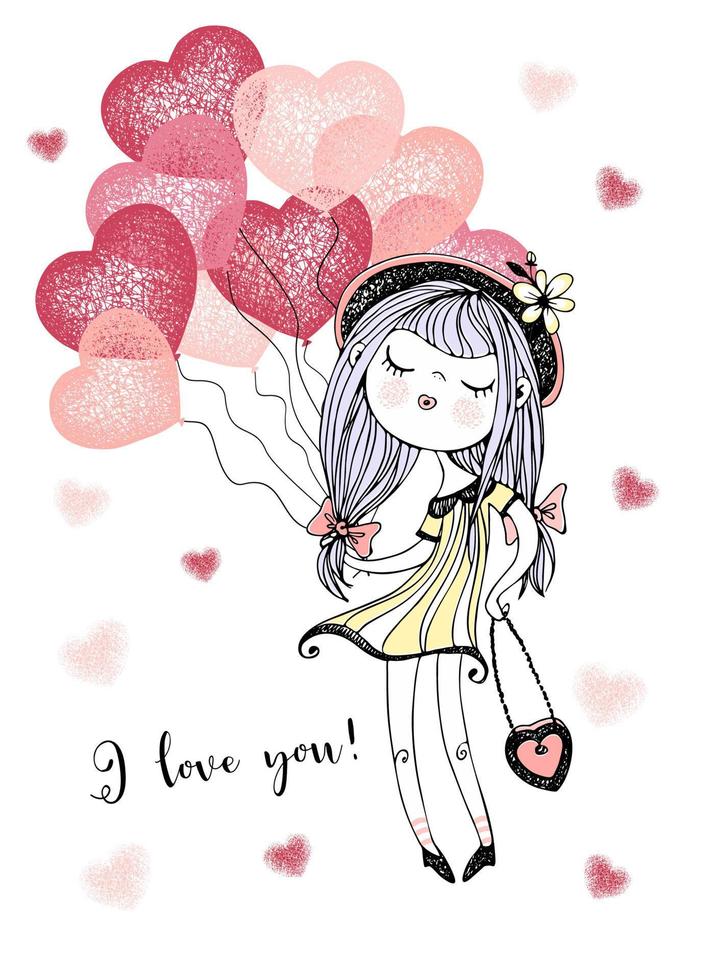 A Valentine's Day card.  Cute girl with balloon hearts. Vector. vector