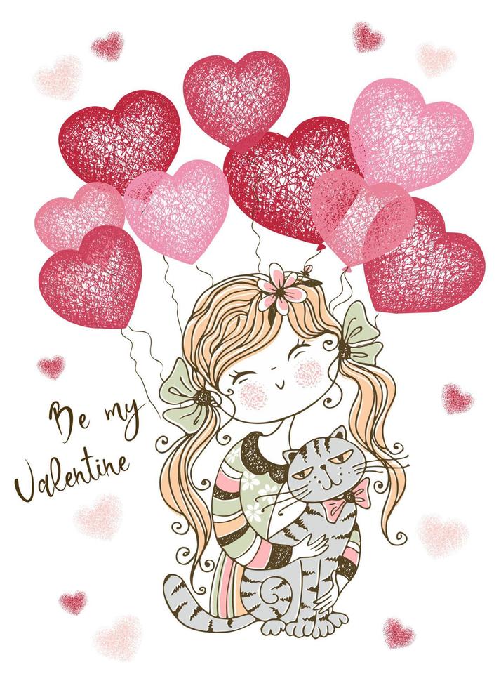 A Valentine's Day card.  Cute girl with balloons and a cute cat. A declaration of love. Vector. vector