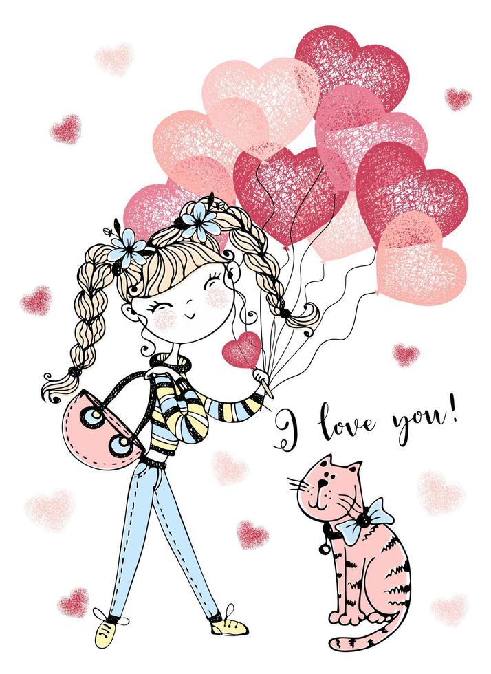 A Valentine's Day card.  Cute girl with balloons and a cute cat. A declaration of love. Vector. vector