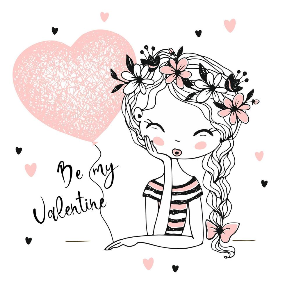 A Valentine card. Cute girl with a balloon heart. Be my Valentine. Vector. vector