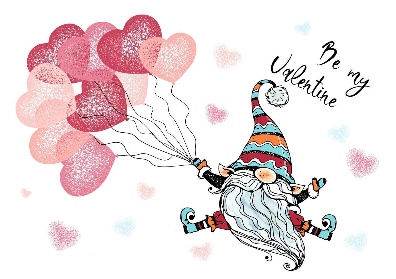 Tarjeta de San Valentín con un lindo gnomo con globos en forma de corazones. vector. vector