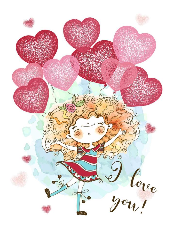 una tarjeta de san valentin. linda chica con globos en forma de corazones. se mi san valentin. vector. vector