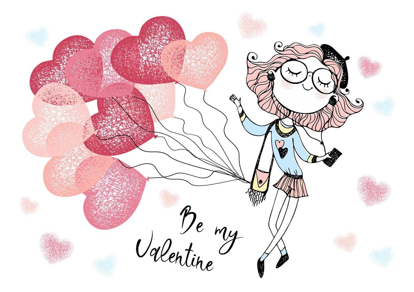 A Valentine's Day card.  Cute girl with balloon hearts. Be my Valentine. Vector. vector