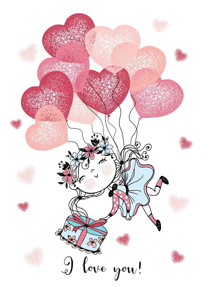 una tarjeta de san valentin. una linda chica está volando globos con un regalo. vector. vector