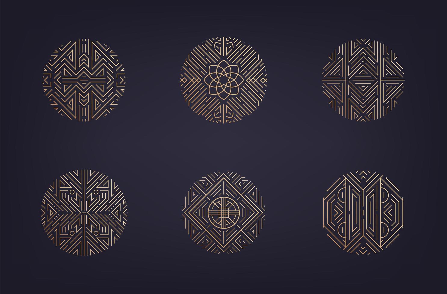 Vector set of art deco linear circles, linear round symbols, decorative design templates, monogram luxury logos. Geometric