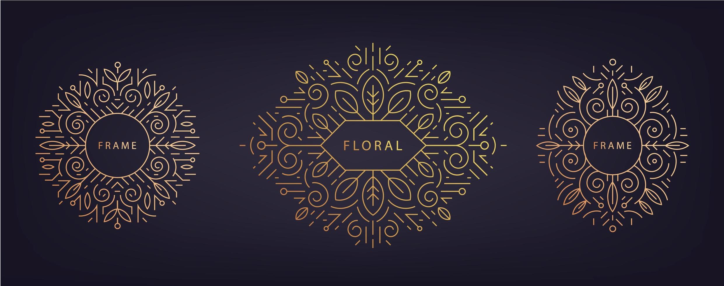 Vector set of linear design templates with copy space for text, leaves - wedding invitation backgrounds and frames, social media stories wallpapers. Artdeco nature golden frames.