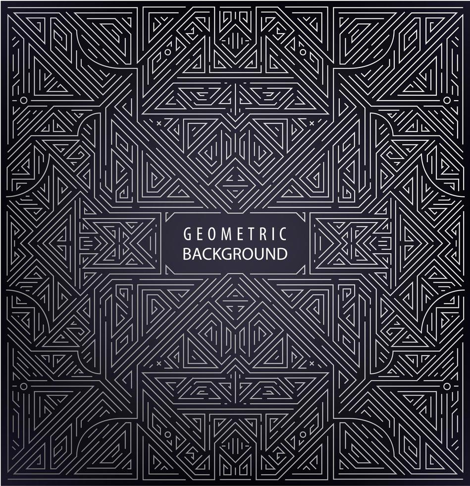 Vector abstract art deco, retro geometric linear border, frame, background. Silver ornament on black background