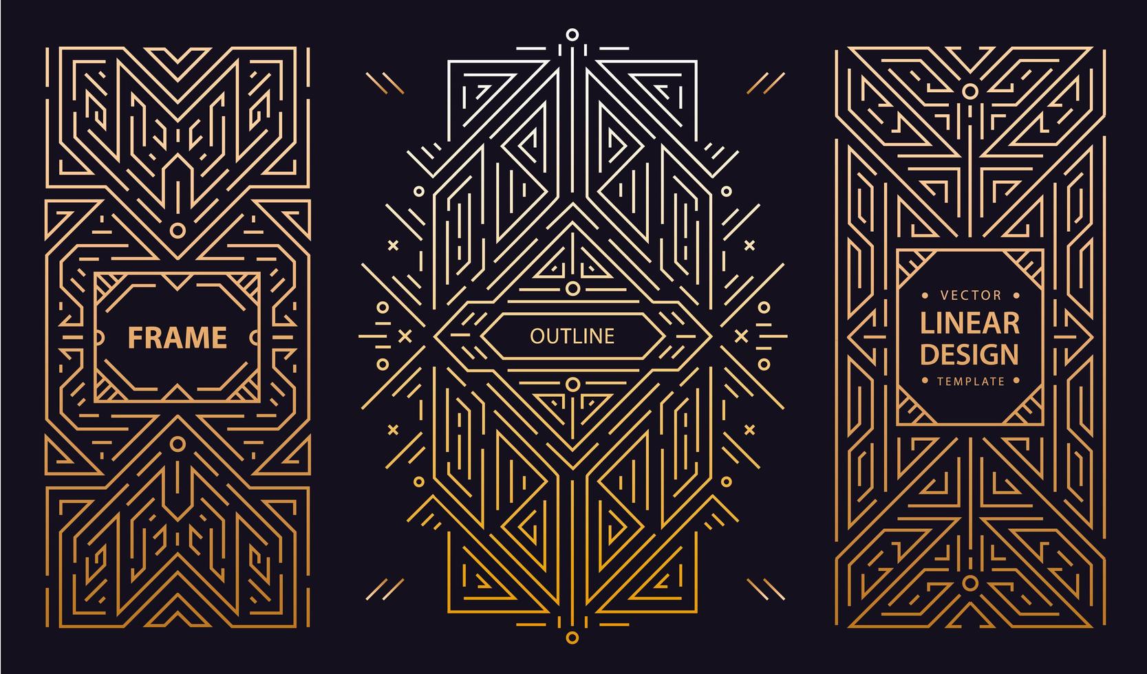 Vector set of art deco frames, adges, abstract geometric design templates for luxury products. Linear ornament compositions, vintage. Use for packaging, branding, decoration