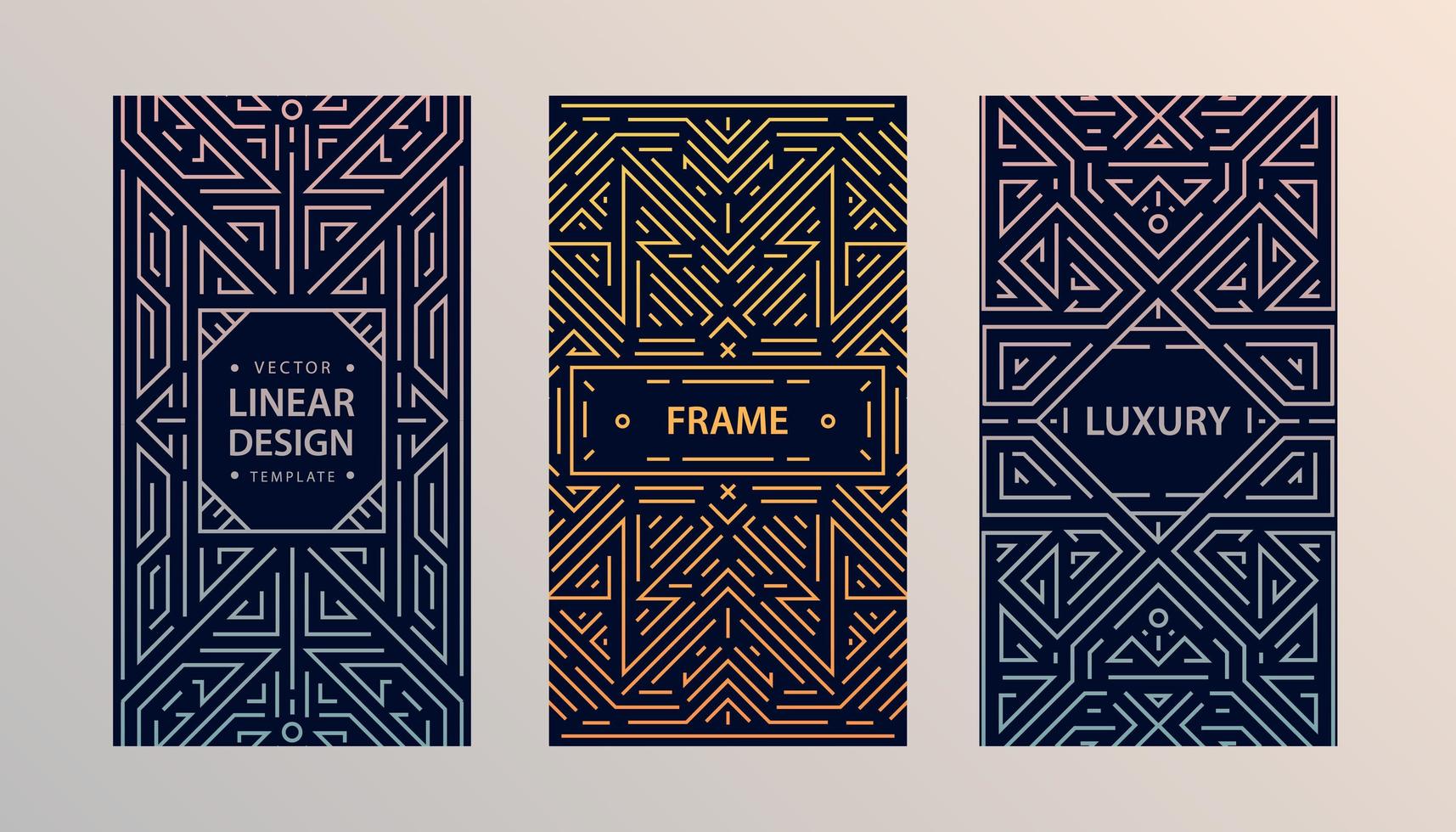 Vector set of monogram design in trendy vintage and mono line style with space for text - abstract geometric frames, luxury packaging templates. Use for ad, poster, card, cover, stories