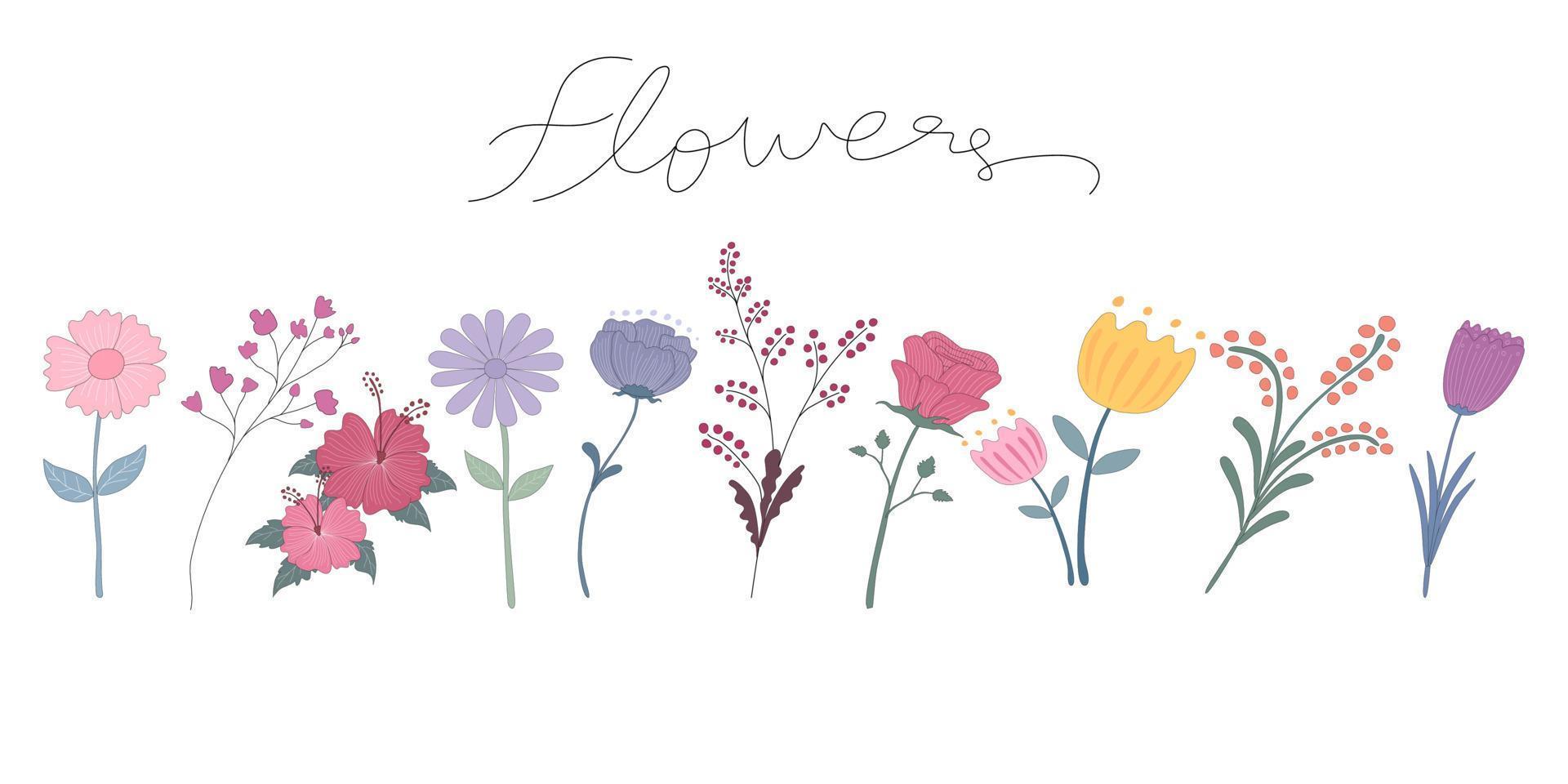 Cute multicolored flowers designed in doodle style. can be adapted to a variety of vector