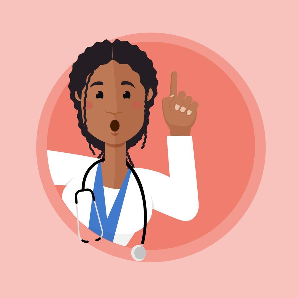 A woman doctor of African American appearance looks out of the corner with her finger raised. Calls for attention. Warns about the danger.Call for attention. Red background. vector