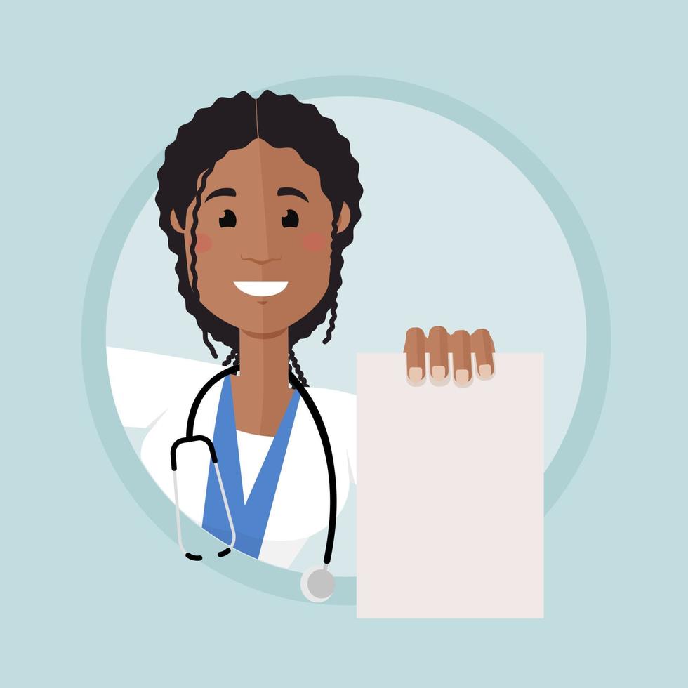 una doctora de apariencia afroamericana mira desde la esquina. mujer sostiene un trozo de papel. en una hoja de papel no hay nada escrito. el doctor sonríe. mostrar el resultado de la prueba. vector