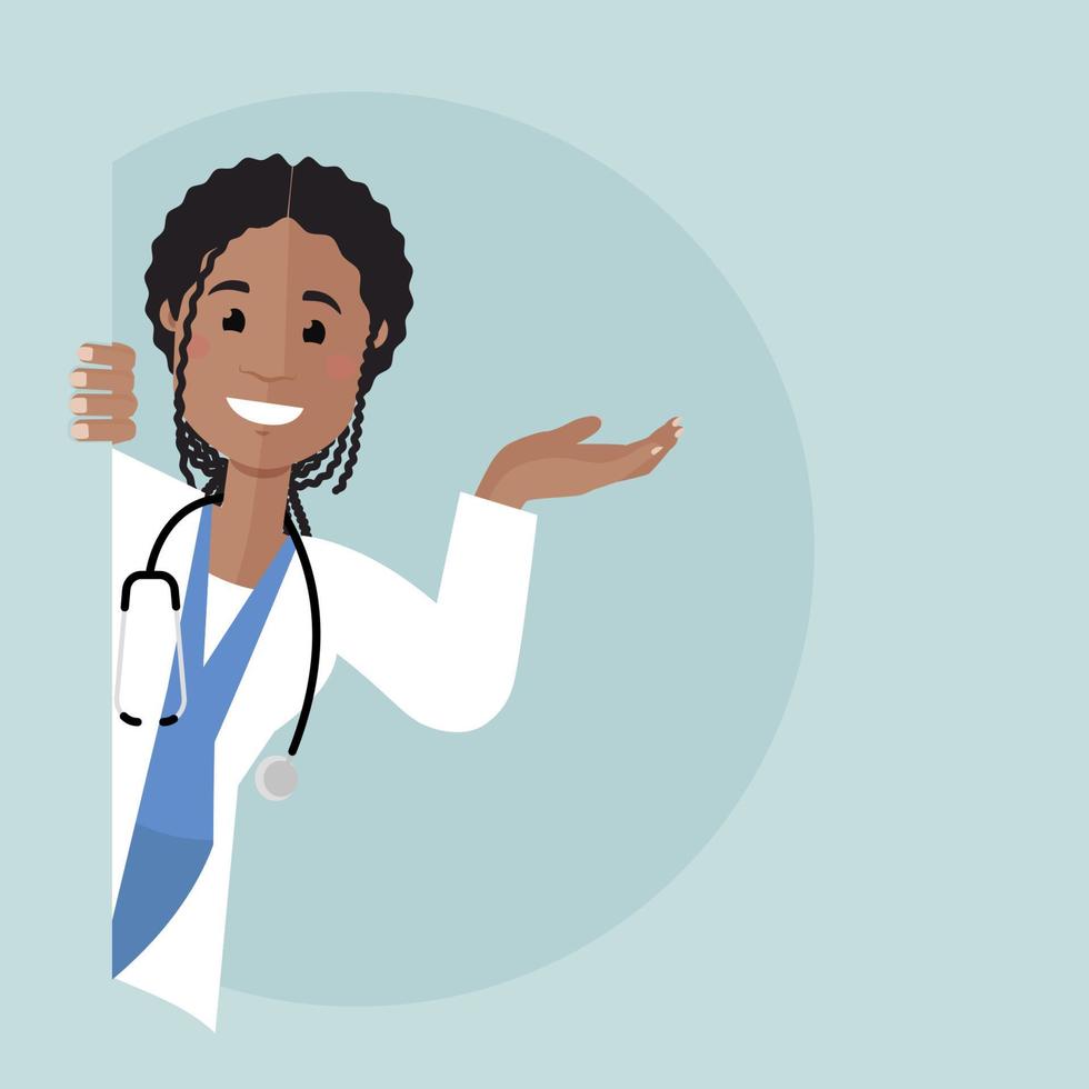 Woman doctor, African-American appearance. Looks out of the corner and offers something. She smiles and looks joyful. vector