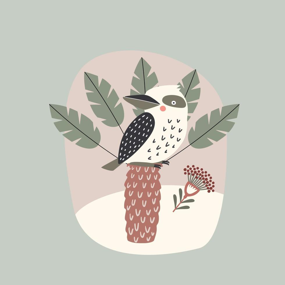 australian bird kookaburra on palm tree, vector illustration in cartoon flat style