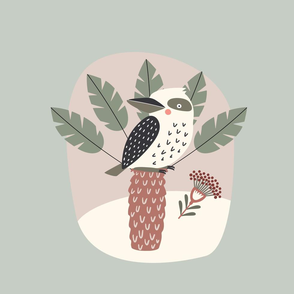 Kookaburra pájaro australiano en palmera, ilustración vectorial en estilo plano de dibujos animados vector