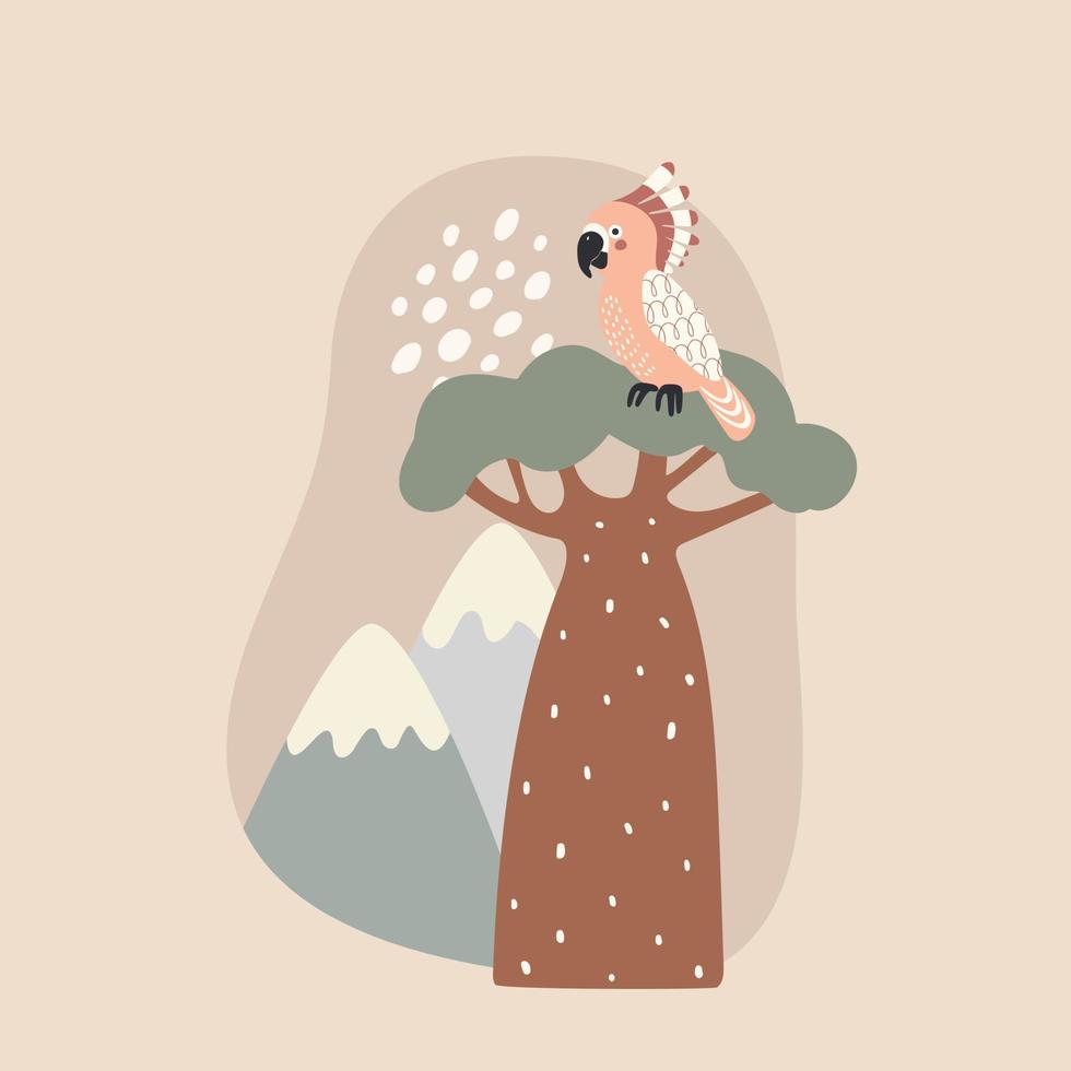 bird parrot on tree, vector illustration in cartoon flat style