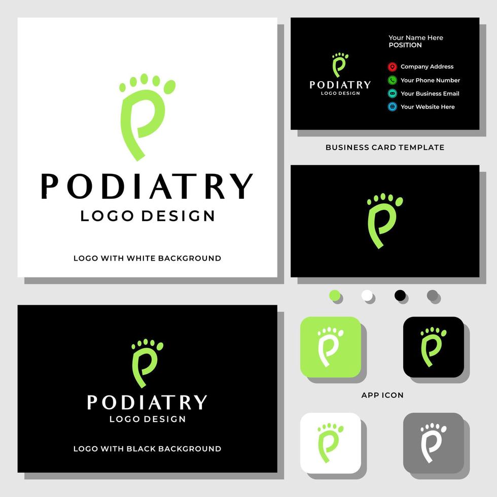 Letter P monogram podiatry logo design with business card template. vector