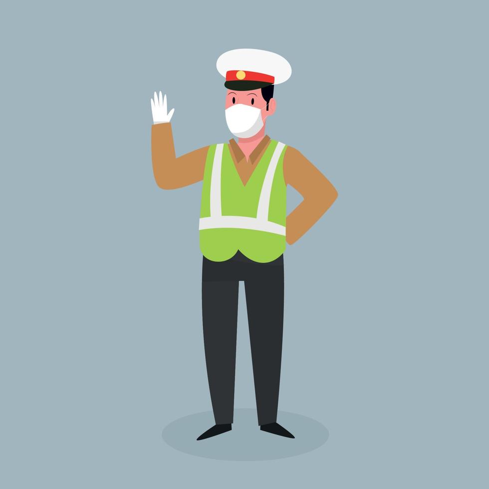 vector flat illustration of an asian traffic policeman in a brown uniform on duty
