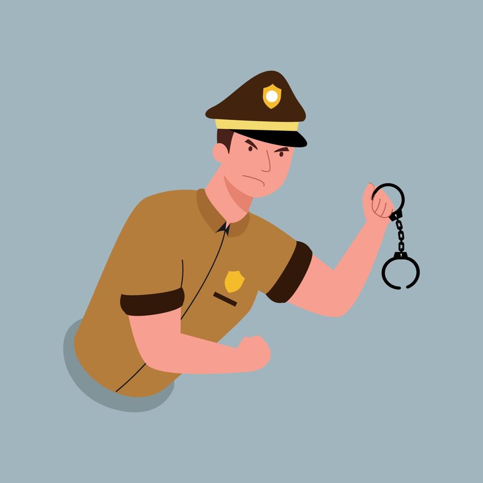 vector illustration of an asian police officer in a brown uniform holding handcuffs in his hands