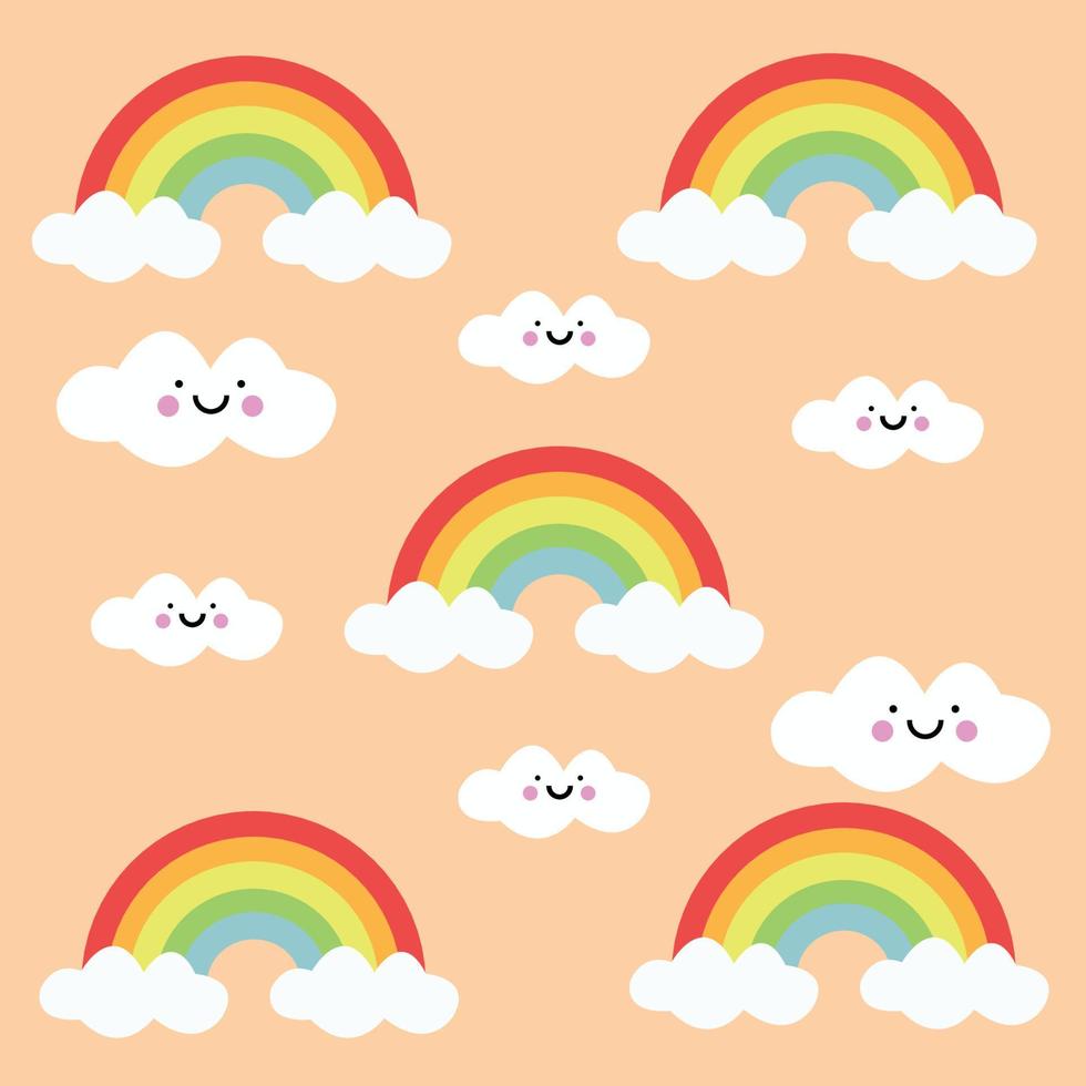 cute rainbow and clouds texture pattern concept for kids orange background vector