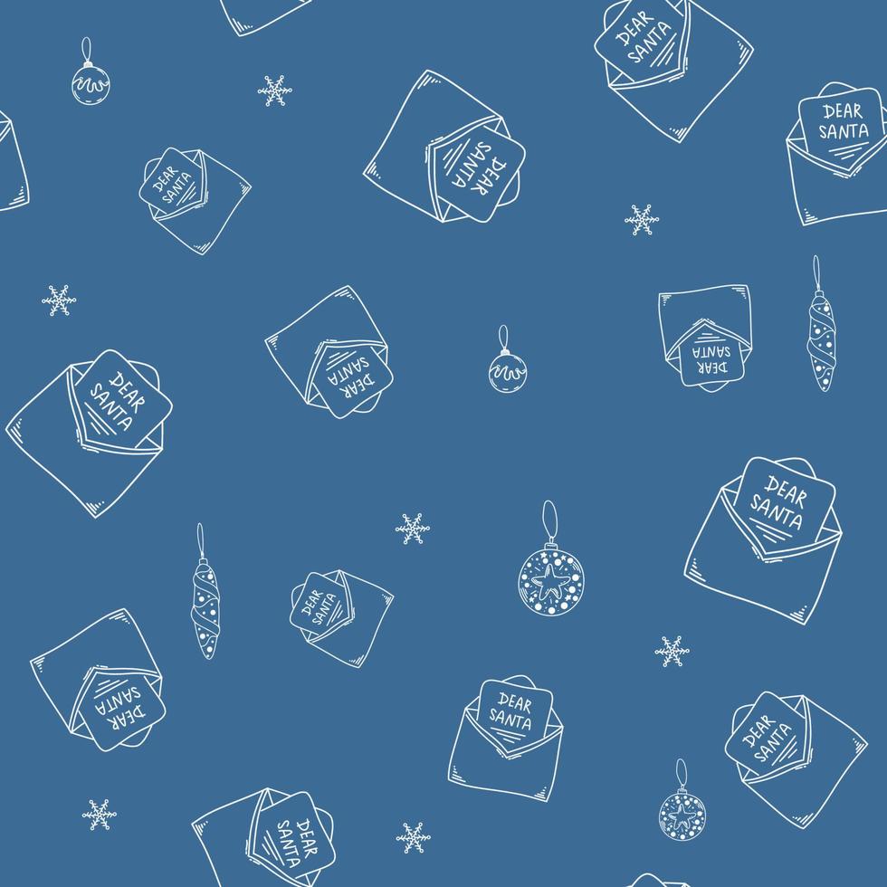 vacaciones feliz navidad fondo. copos de nieve, bolas, carta de navidad a santa claus. sobre de doodle. dibujado a mano azul blanco. diseño de vacaciones. papel tapiz, textiles, envoltura, cartulina, estampado en ropa. vector