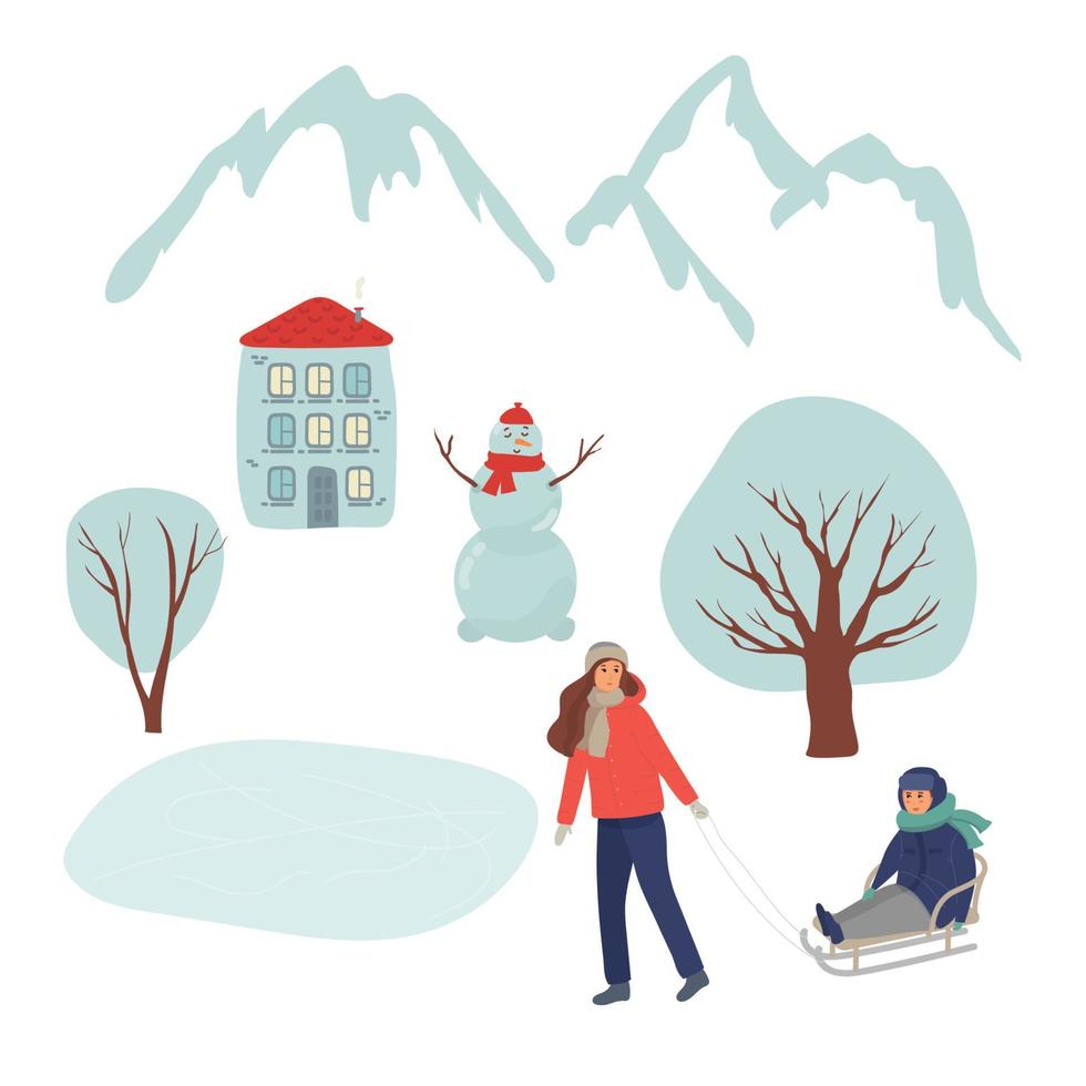 temporada de invierno establece ilustración vectorial. gente en el parque paisaje urbano de navidad. conjunto familiar de personas. mamá lleva a su hijo en trineo. personajes planos. muñeco de nieve, paisaje. trineo, montañas, árbol, casa vector