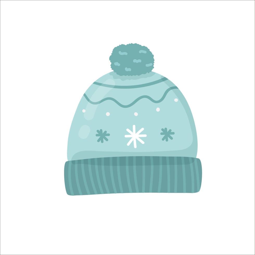 Winter hat , hand-drawn illustration in flat hand drawing style. blue hat on white background vector