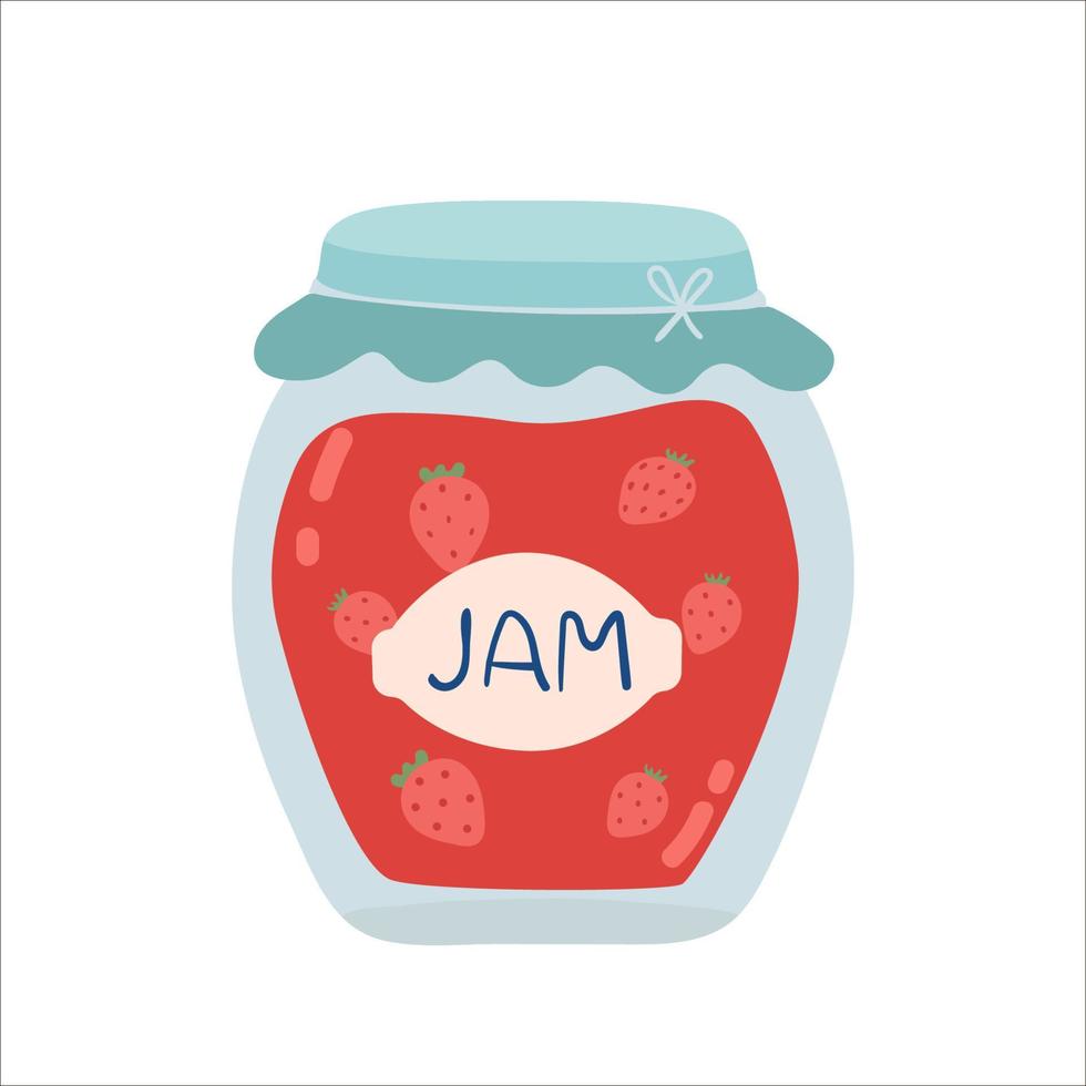 Strawberry jam jar. flat cartoon style. organic food. Glass capacity for berry meal with lid. Vector illustration. Isolated white background.