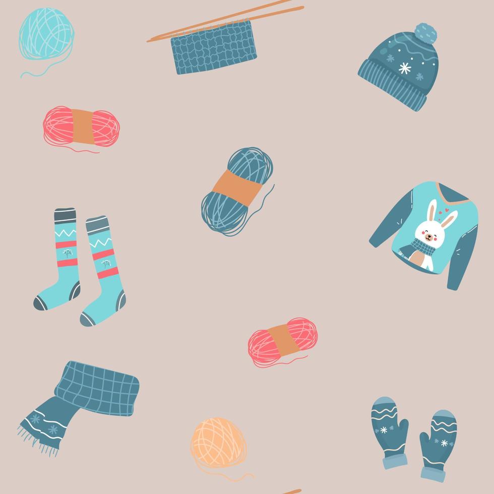 vector seamless pattern. cartoon Knitted items. Cute, warm winter clothes backdrop. Skein of wool, knitting needles, yarn basket, woolen jumper, hand made scarf cardigan. flat