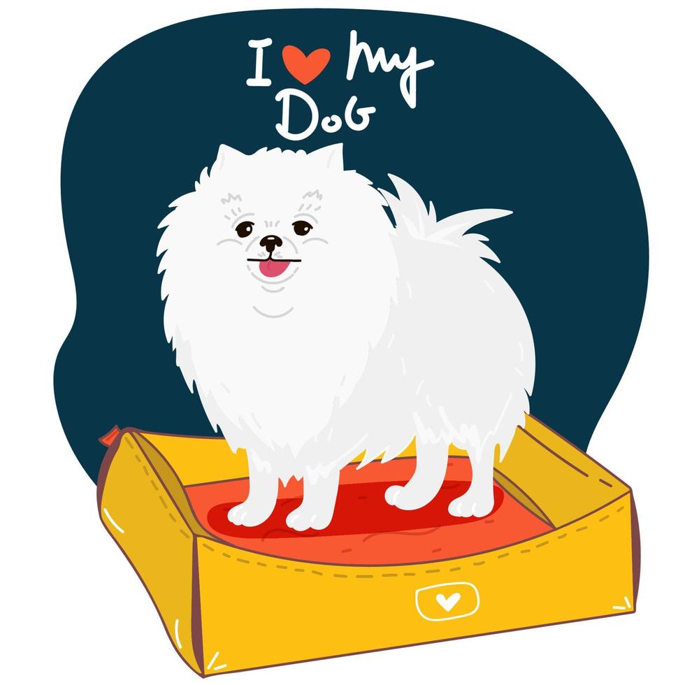 Ilustración de vector dibujado a mano de dibujos animados lindo perro. se puede utilizar para estampado de camisetas, diseño de moda para niños, tarjeta de invitación para baby shower. letras sé mi mejor amigo. raza de perro pomerania